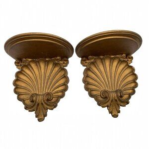 Pair Vintage Syroco Shell Design Wooden Shelves Wall Sconces Gold Gilt 9" X 8.5"
